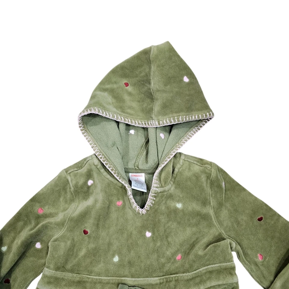 Gymboree Size 6 Green Heart Embroidery Hooded Dress Velour Longsleeve - Image 2 of 4