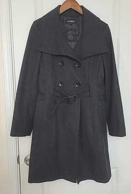 Abrigo para mujer Guess talla M mezcla de lana doble botonadura cinturón gris carbón chaquetón - Imagen 1 de 4