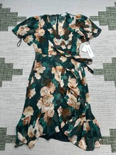Calvin Klein Dress Womens 8 Green Pink Brown Floral Wrap Blouson New