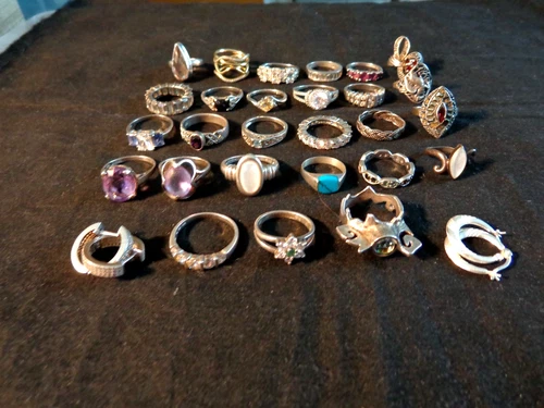 Vintage Lot of 27 Wearable Sterling 925 Rings & 2 Pair of Earrings 114.0 Grams