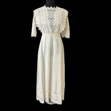 Edwardian White Cotton Voile or Lawn Summer Tea Dress Eyelet Lace Antique 1900s