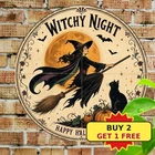 Vintage Moon and Witch Halloween Round Metal Tin Sign 8x8
