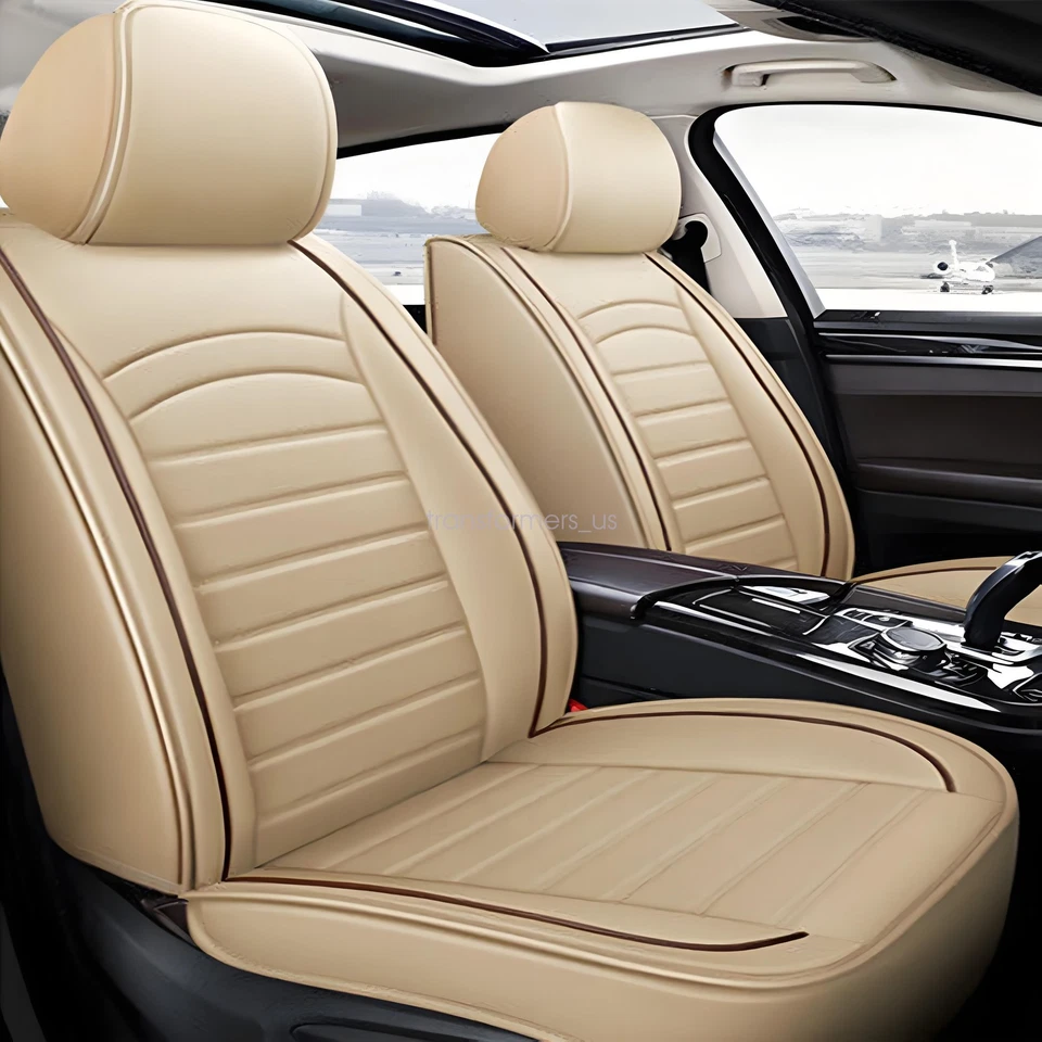 For Hyundai Leather 5 Seats Car Seat Cover Front Rear Full Set Cushion Mat Beige - Image 3 of 4