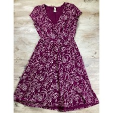 Pact Organic Cotton Floral Wrap V-Neck Fit Flare Dress Plum Purple White Small