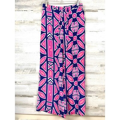 Lice & Trixie Womens S Navy Pink 100% Silk Wide Leg Boho Ankle Pants NEW