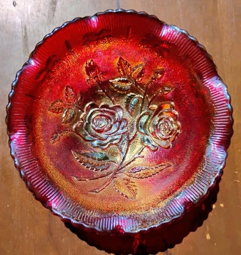 Imperial Carnival Glass Embossed Open Rose Pattern In Sunset Ruby Red Bowl Vtg
