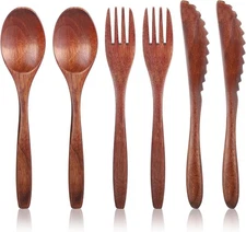 6 Pcs Wooden Utensils for Eating, Wooden Spoon Fork Cutlery Set Kitchen Wood Din