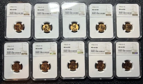 Wholesale Lot: 10 Red Gem BU 1956 D Lincoln Wheat Pennies NGC MS66 RD.