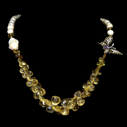 Briolette Citrine Pearl Gemstone 925 Sterling Silver Jewelry Butterfly Necklace  - Picture 1 of 14