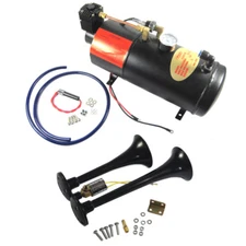 Black Train Horn Kit Loud 2 Trumpet w/ 120 PSI Air Compressor Complete System