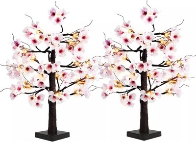Uieke 2PACK 24IN Lighted Cherry Blossom Tree 48 Warm White LED Tabletop Artif...