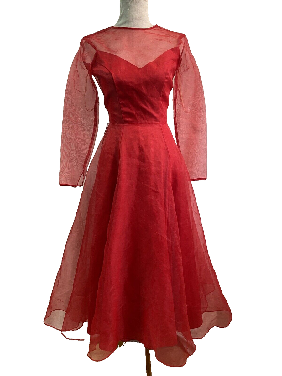 VTG 50s Red Chiffon Cocktail Dress Sheer Overlay 3/4 Sleeve Tea Length Size 
