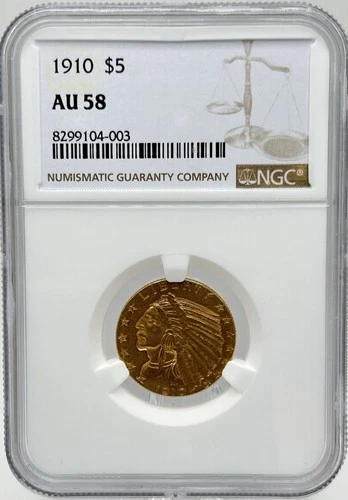 1910 $5 Half Eagle US Gold Indian NGC AU58