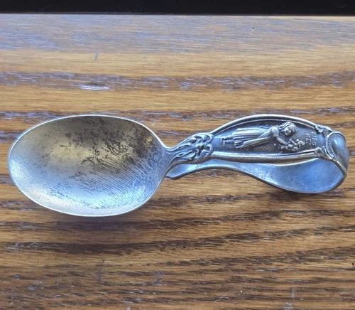 Antique Wallace Sterling Silver " Kiss Me " Baby Spoon With Girl & Puppy