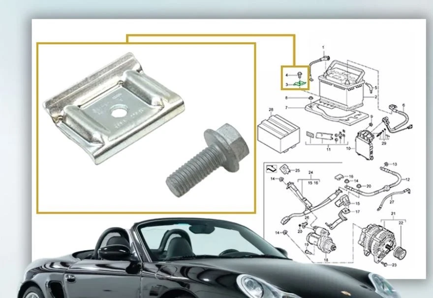 Abrazadera y perno de retención de batería Porsche Boxster 986 1997-2004 Foto 2 de 4