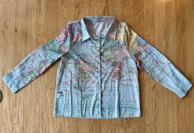 Womens MAP Button Up Shirt Size 2X Cartographer Travel Globe Jet Set Blouse NWOT