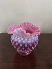 Fenton Hobnail Cranberry Opalescent Crimped Ruffle Edge Glass Vase Vintage 5"