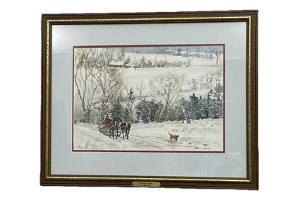 Original Watercolor Signed IRINA OHL Framed Painting Vermont Winter Landscape