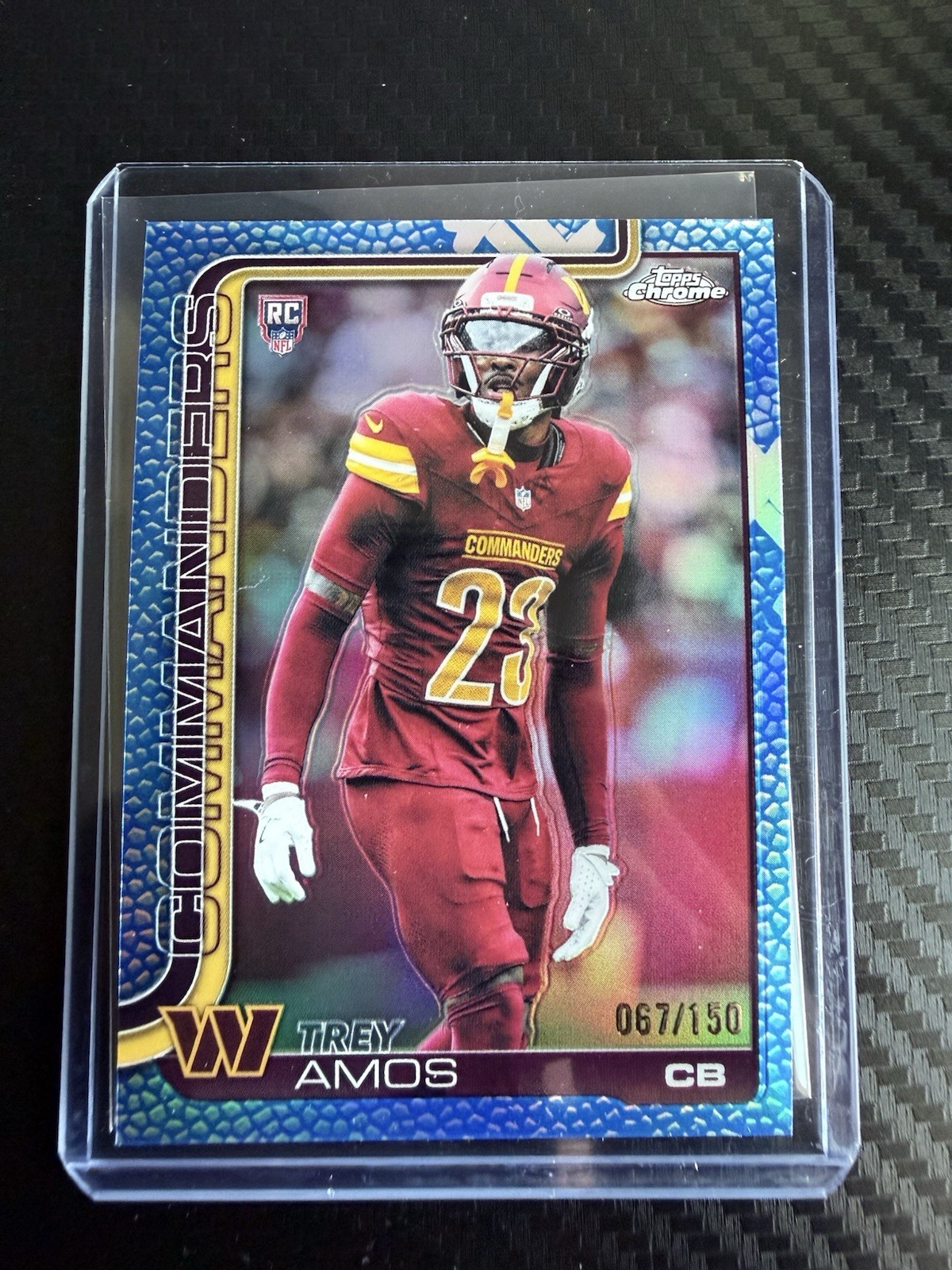 2025 NFL Topps Chrome Trey Amos #371 Blue Football Leather Refractor /150 (RC)