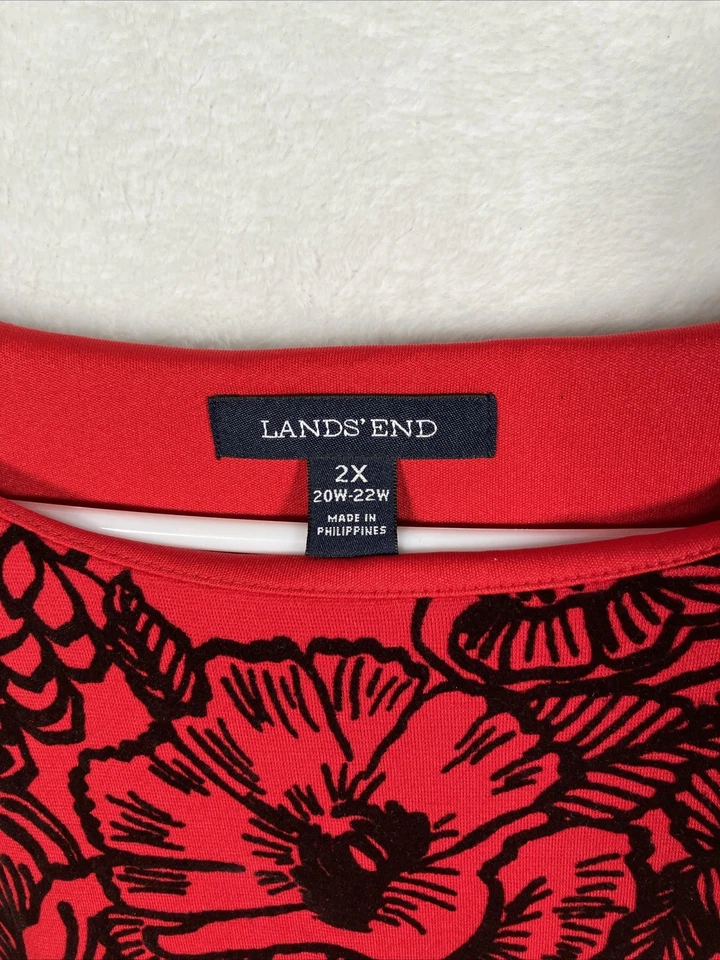 Lands End Red Dress Plus 2x Black Flocked Velvet Fit Flare Holiday Party Stretch - Image 3 of 4