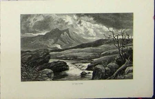 Original Old Antique Print Mountain Scene View Moors Hissey England C1879 River