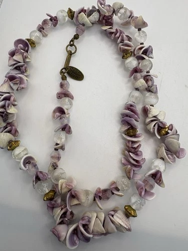 Vintage Miriam Haskell Gold Tone Purple Shell & Glass Bead Necklace Signed 22”
