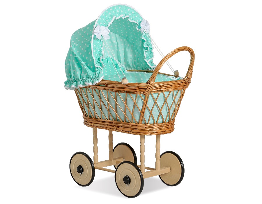 Passeggino per bambole in vimini traforato con biancheria e rivestimento color m