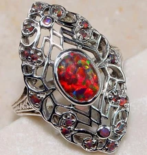3CT Red Fire Opal 925 Solid Sterling Silver Art Deco Style Ring Sz 7 US6