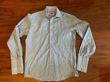 Thomas Pink Cotton Shirt Men's 15.5 Slim M Light Blue Gingham French Cuff GUC