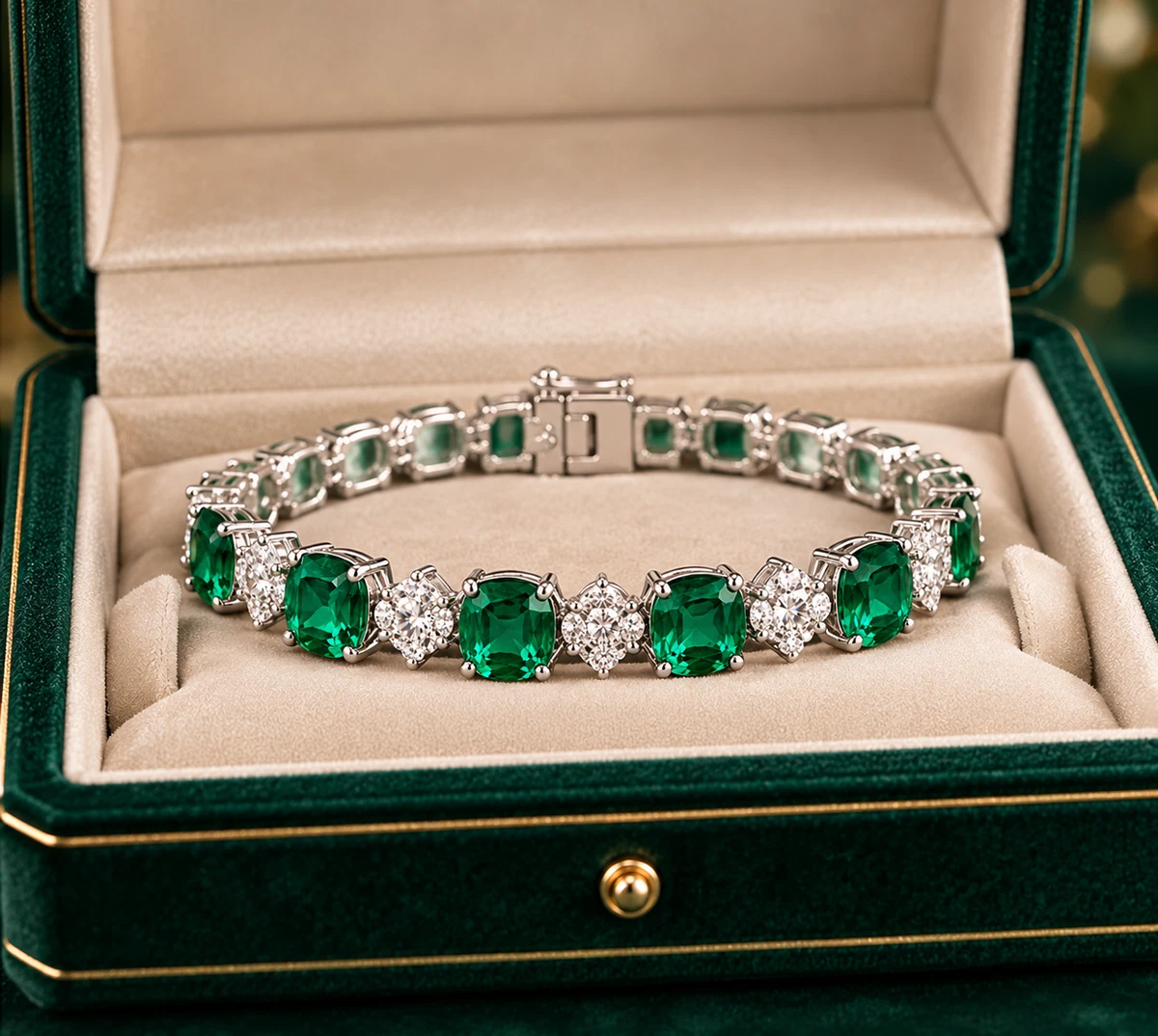 10k White Gold Emerald Bracelet Cushion Cut 14.00 Ct IGL Certified
