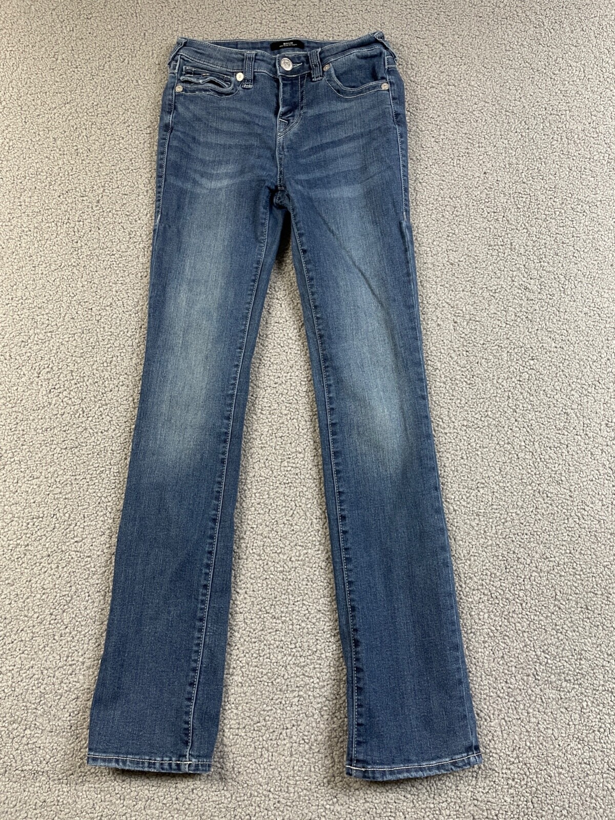 True Religion Jeans Womens 26 Blue Mid Rise Billie Straight Flap Thick Stitch