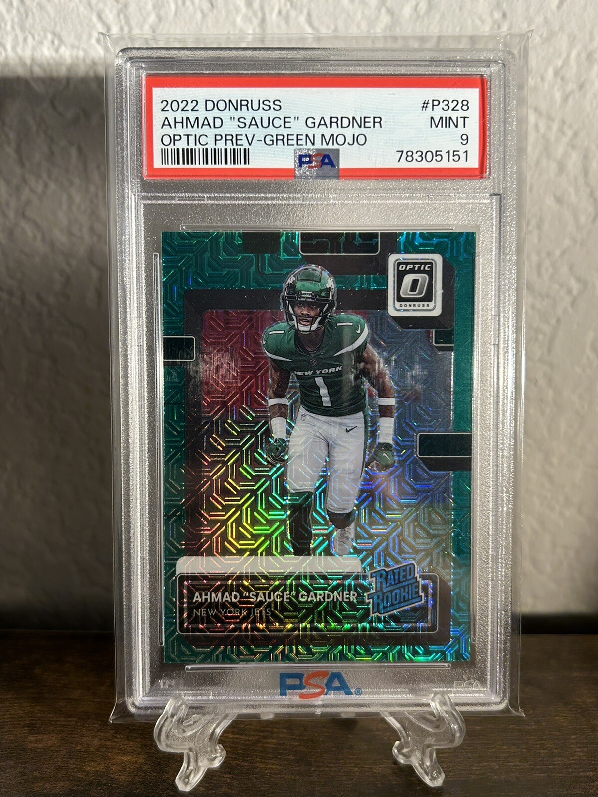 2022 PANINI DONRUSS P328 AHMAD "SAUCE" GARDNER OPTIC PREVIEW-GREEN MOJO PSA 9