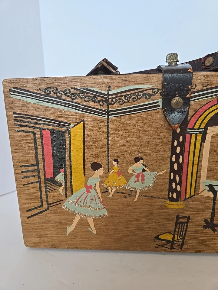 Cartera de madera cola de milano bailarina pintada a mano de colección años 50 con tapa con bisagras caja Foto 2 de 4