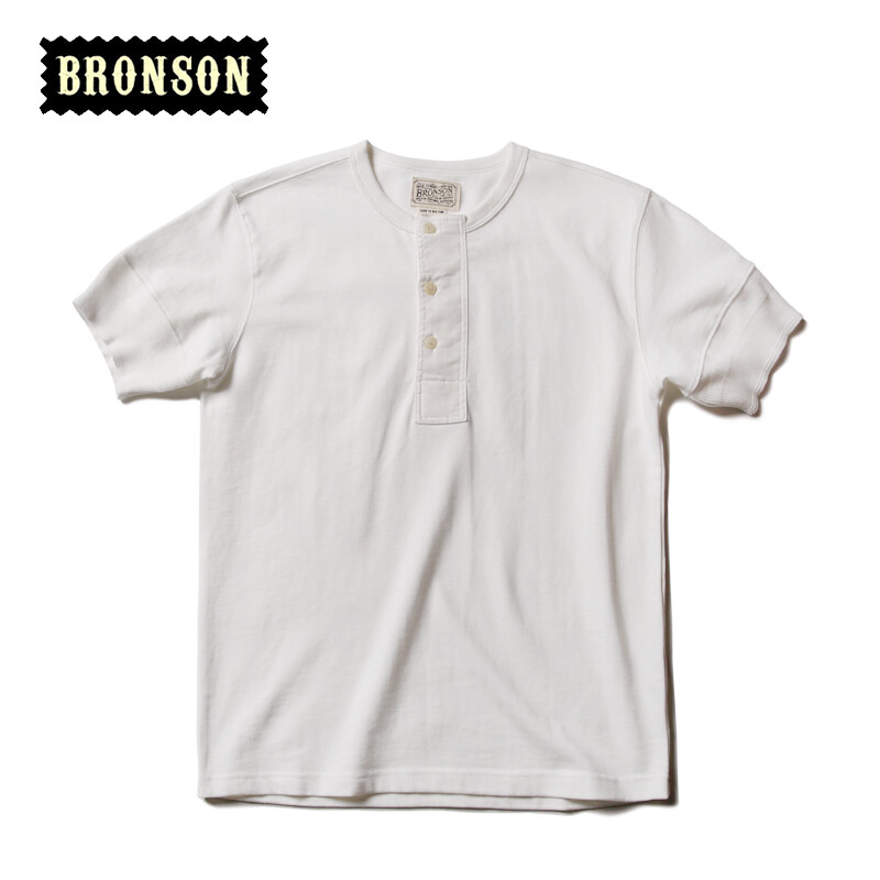 Bronson Henley TShirt Vintage Thread Men Tee Thick Short Sleeve Cotton