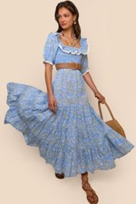 RIXO Joanie Sarasa Blue Yellow Paisley Floral Midi Dress Size XS UK 8