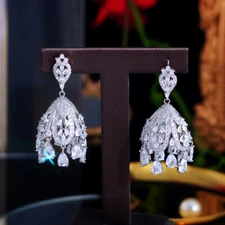 Trendy Silver Plated CZ Crystal Long Dangle Drop Bridal Wedding Fringed Earrings