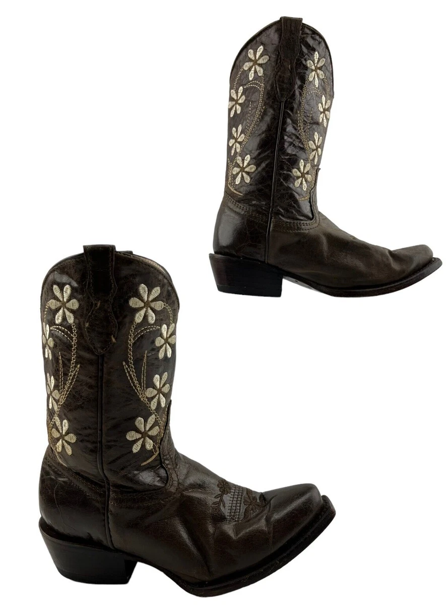 Kids Veretta Brown Leather Floral Embroidered Western Cowgirl