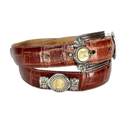 Brighton Embossed Black Leather Gold Buckle Belt Vintage 90\'s Med Vintage 90s Brighton Black Croc Embossed Leather Hippie Gold  main image 2