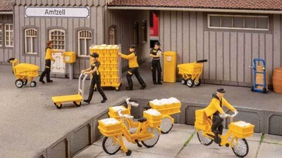 Noch 16265 HO Scale German Postal Workers & Accessories -- 6 Figures, 3 Bicycles