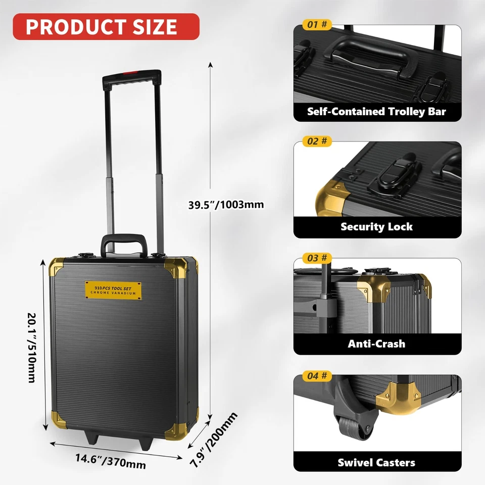 Juego de Herramientas Kit de Herramientas Mecánicas 909 Piezas Llaves Enchufe con Estuche Carro Caja Plateado Foto 3 de 4