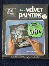 New Vintage Craft Master Black Velvet Oil Paint By Number Set 1973 Stone Bridge