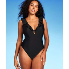 Shade Shore Women's Ruffles Plunge One Piece Black Swimsuit 16