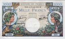 France 1,000 Francs 1944 Pick# 96c AU-UNC