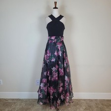 Eliza J Dress 6 Black Floral Organza Maxi Fit & Flare Gown Evening Wedding