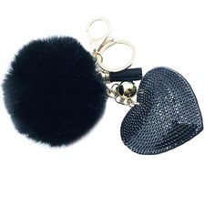 Unpafcxddyig Pom Pom Keychain Fluffy Ball Tote Pendant with Tassels Heart Black