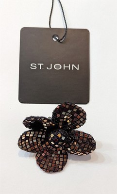 St John Knits 5 Petal Flower Pin Gold & Copper Paillettes NWOT