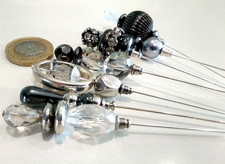 Vintage Bead Hat Pins x 7 Hematite Silver Grey  each unique 5" long made in UK