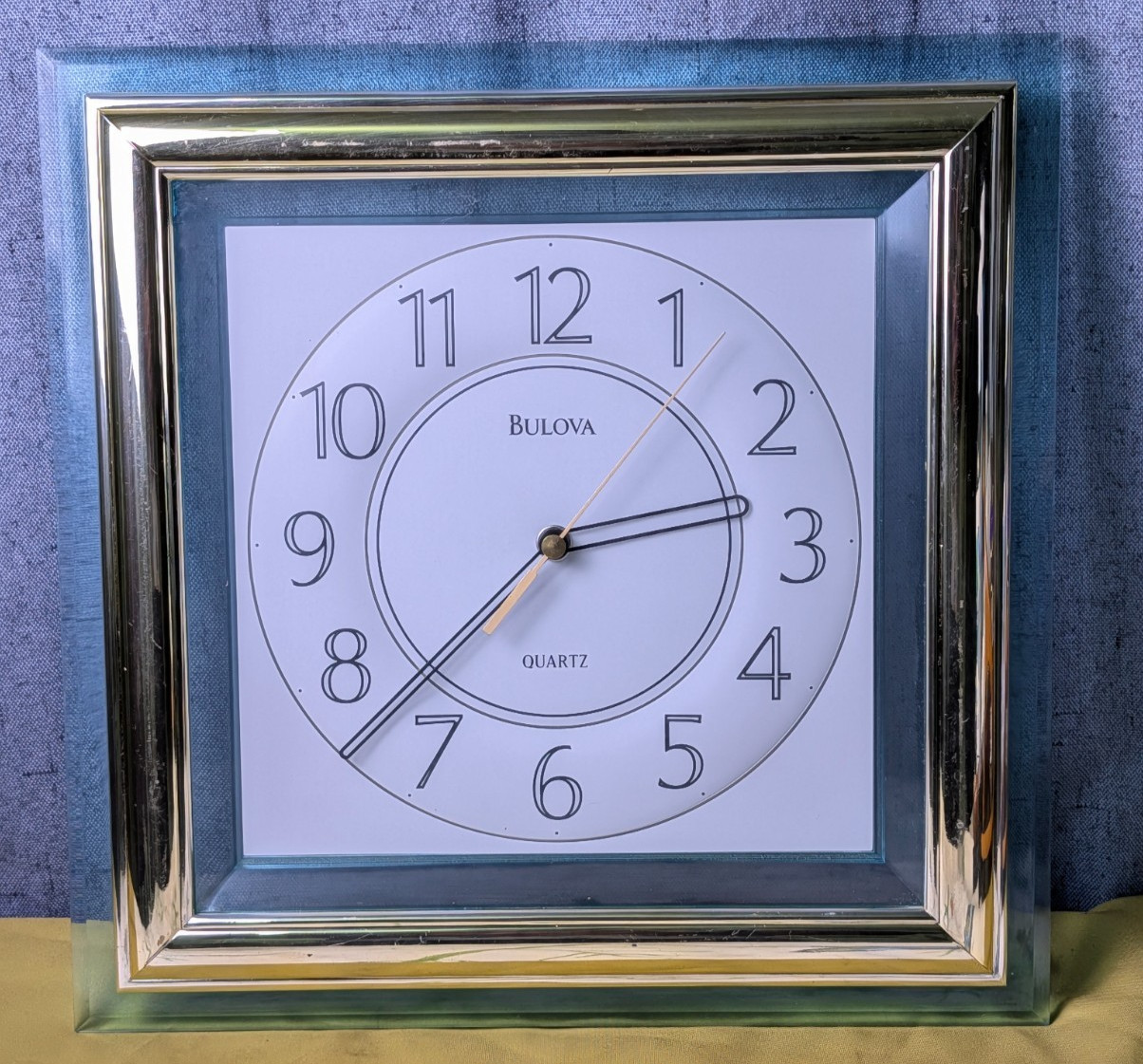 Vintage Bulova Quartz Wall Clock C4781 Square Glass Gold Frame Taiwan Tested!
