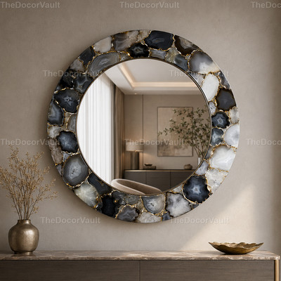 Luxury Black Agate Round Wall Mirror Gold Accent Gemstone Home Decor ...........