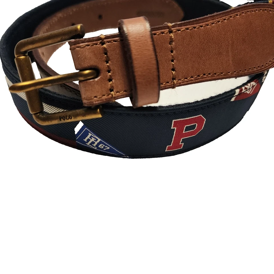 POLO Ralph Lauren Azul Rojo Logo Cresta Cuero Borde Cinturón Talla 40 Calaveras Rayas Foto 2 de 3